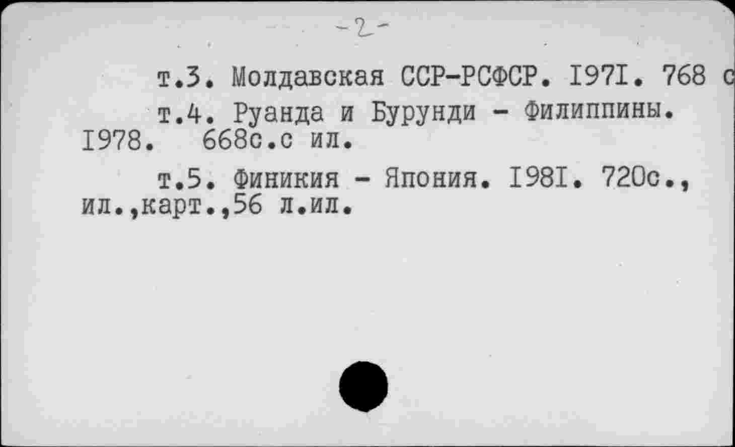 ﻿т.З. Молдавская ССР-РСФСР. 1971. 768 с т.4. Руанда и Бурунди - Филиппины.
1978.	668с.с ил.
т.5. Финикия - Япония. 1981. 720с., ил.,карт.,56 л.ил.